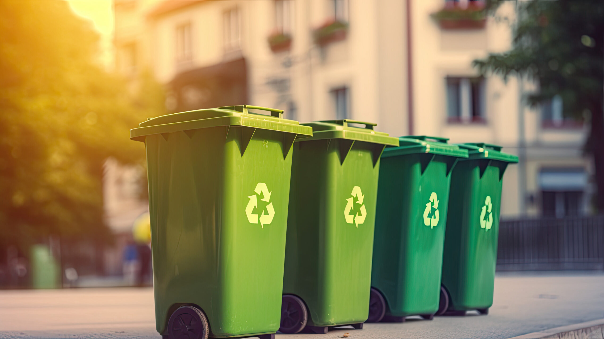 four green garbage bins